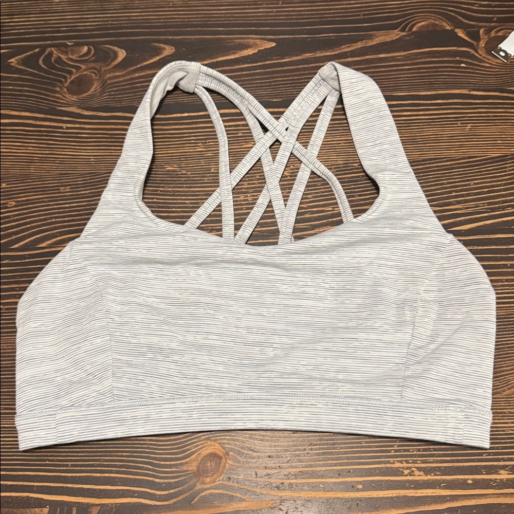 lululemon free to be serene bra size 8, grey and white stripes